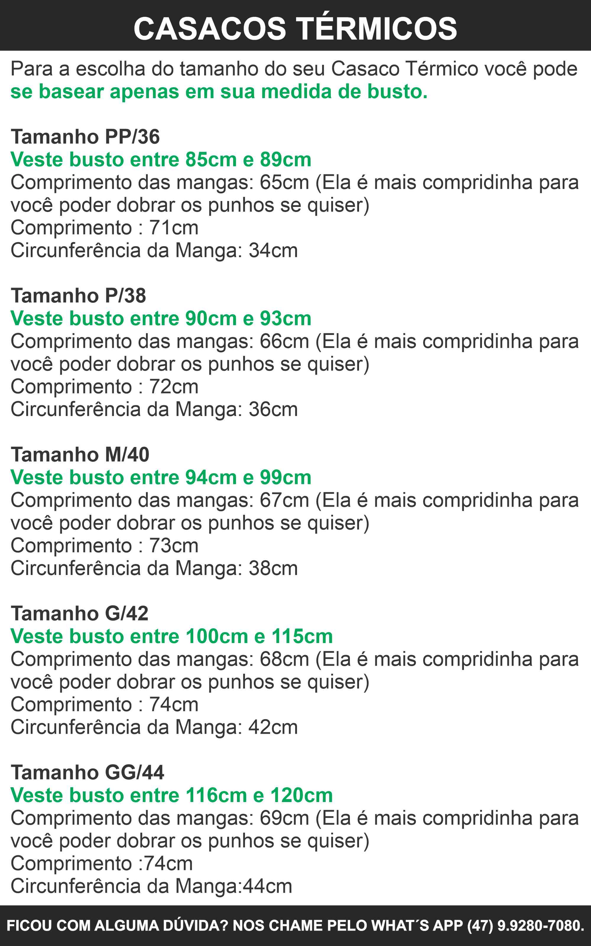 Guia de Medidas - Casacos Térmicos